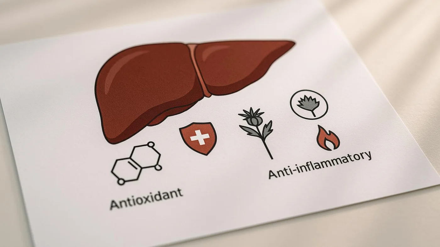 Diagram of the liver annotated with antioxidant and anti-inflammatory notes.
