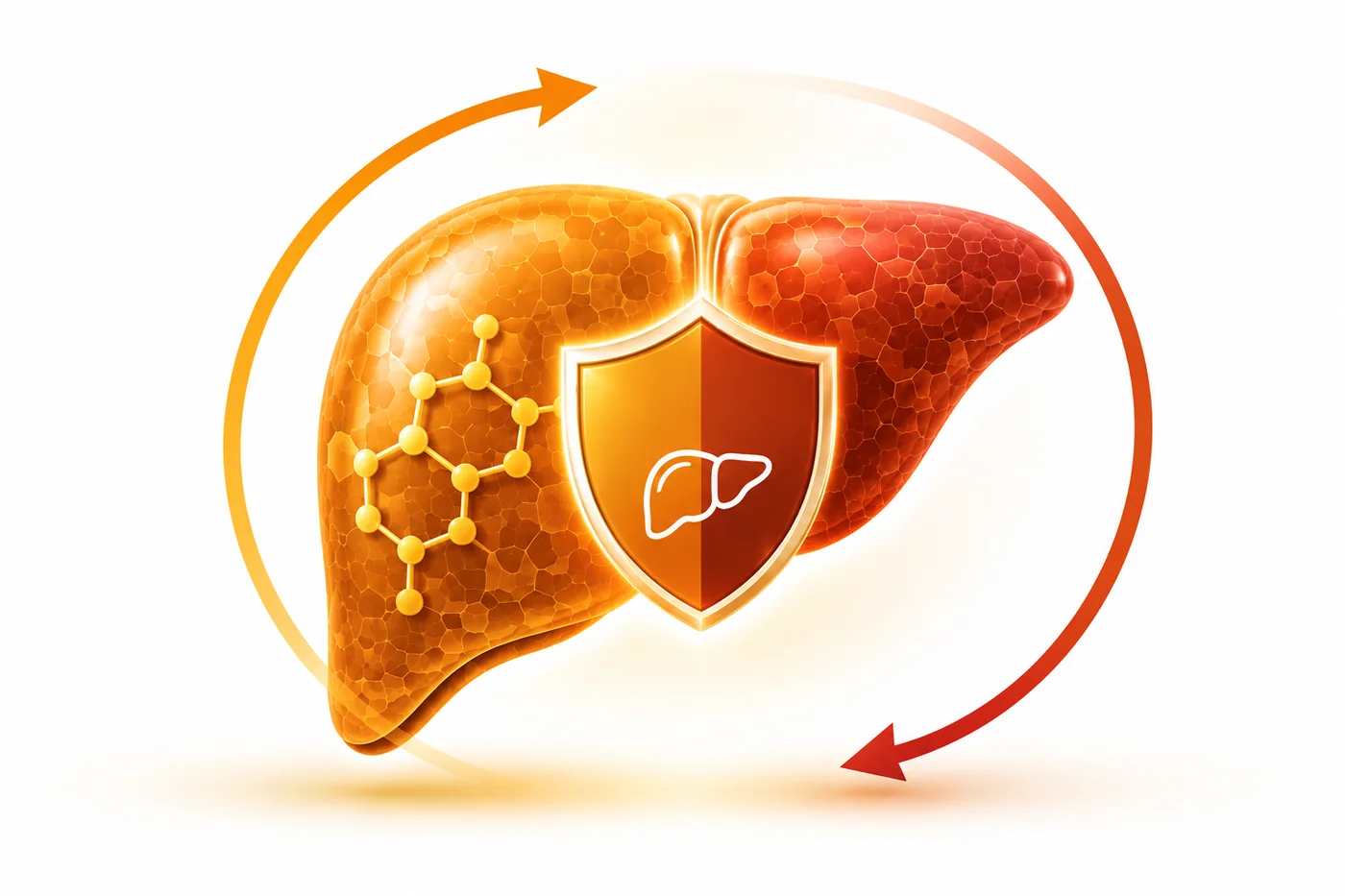 Illustration of a liver protected by an antioxidant shield.